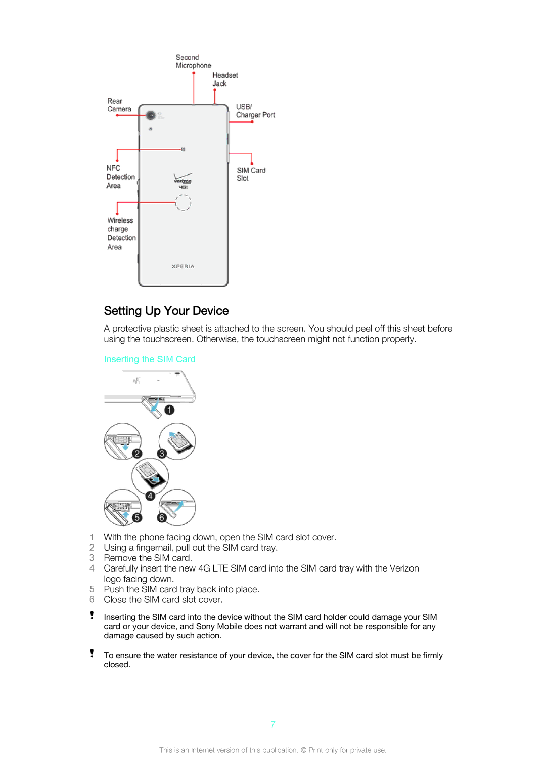 Sony Z3v manual Setting Up Your Device, Inserting the SIM Card 