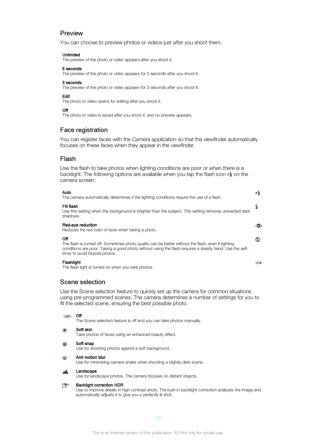 Sony Z3v manual Preview, Face registration, Flash, Scene selection 