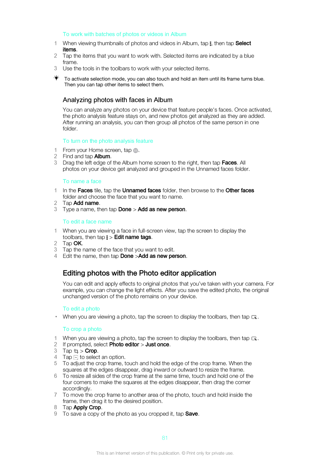 Sony Z3v manual Editing photos with the Photo editor application, Analyzing photos with faces in Album, Items, Tap Add name 