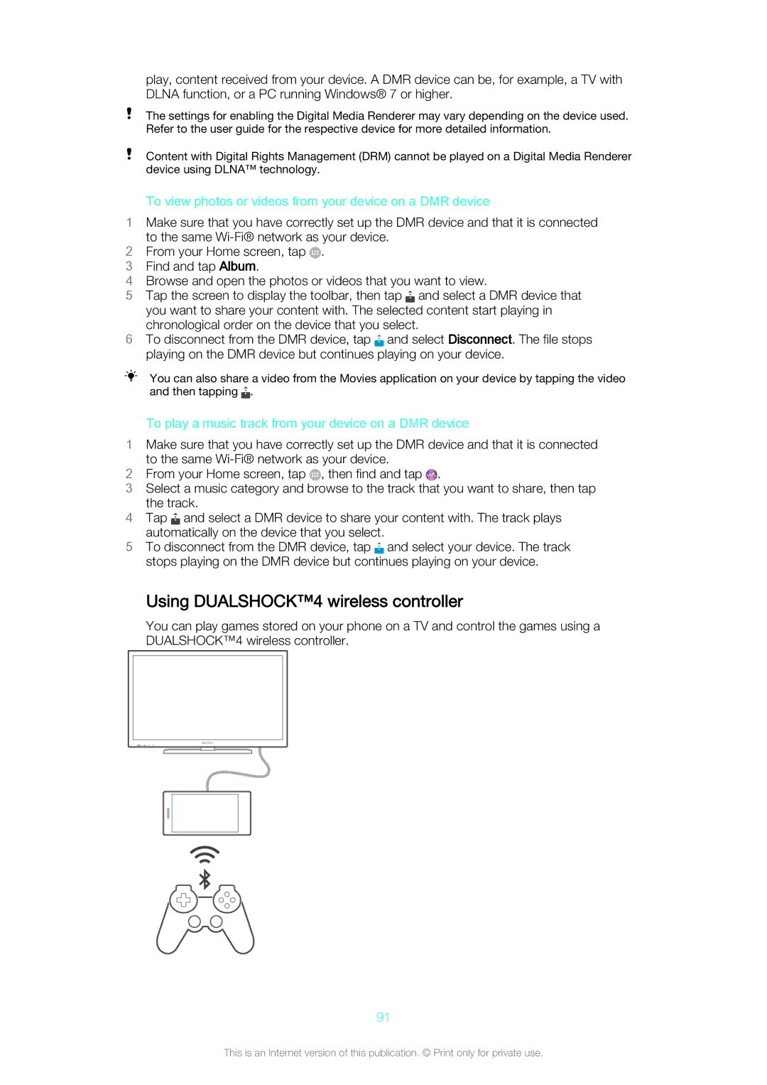 Sony Z3v manual Using DUALSHOCK4 wireless controller, To view photos or videos from your device on a DMR device 