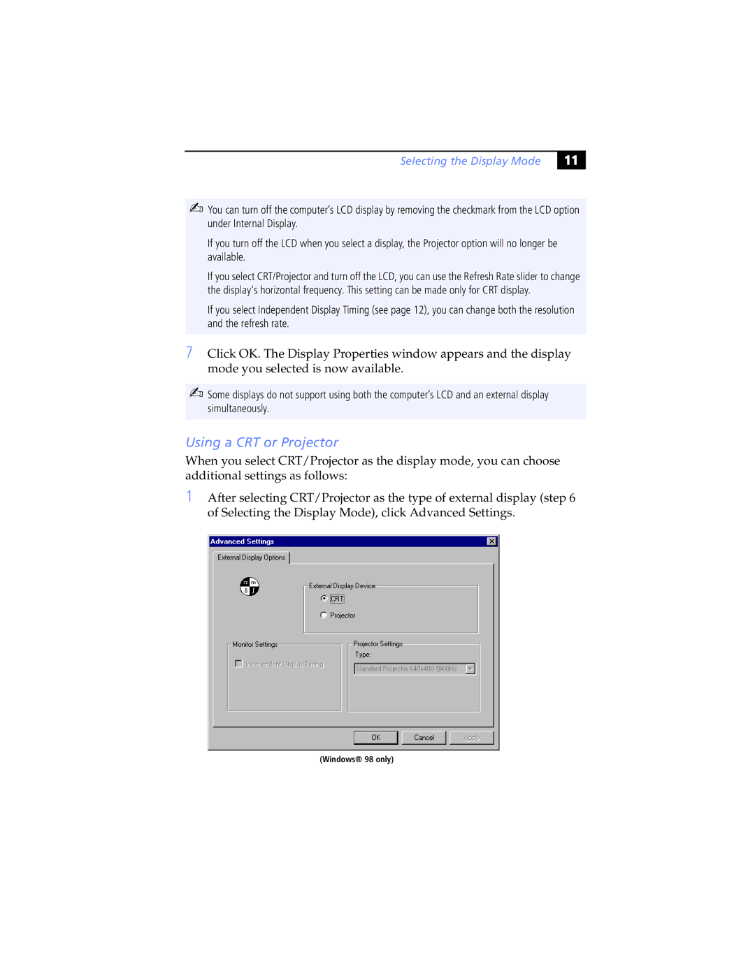 Sony Z505 manual Using a CRT or Projector, Selecting the Display Mode 