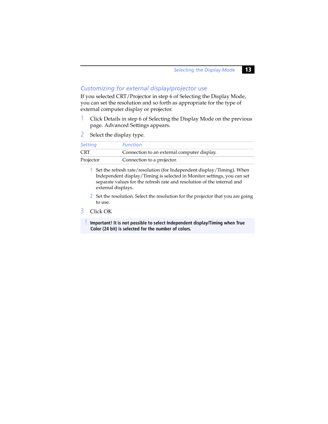 Sony Z505 manual Customizing for external display/projector use, Setting Function 