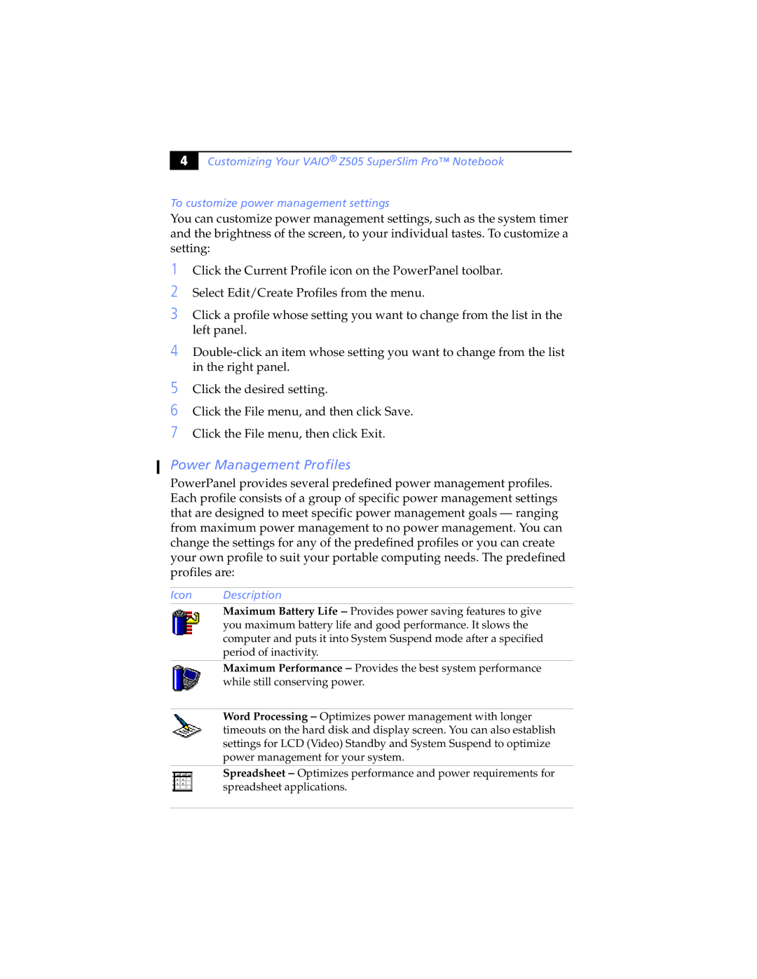 Sony Z505 manual Power Management Profiles, Icon Description 