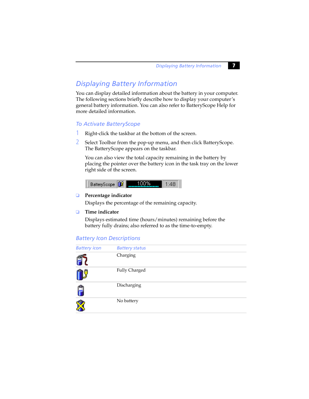 Sony Z505 Displaying Battery Information, To Activate BatteryScope, Battery Icon Descriptions, Battery icon Battery status 