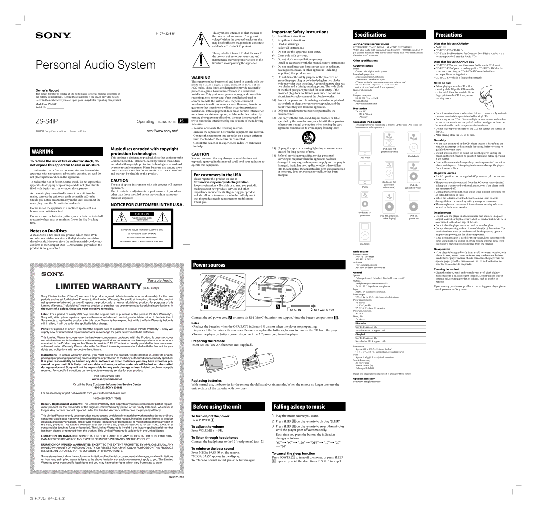 Sony ZSS4iPBLACK, ZS-S4IP specifications Important Safety Instructions, For customers in the USA 