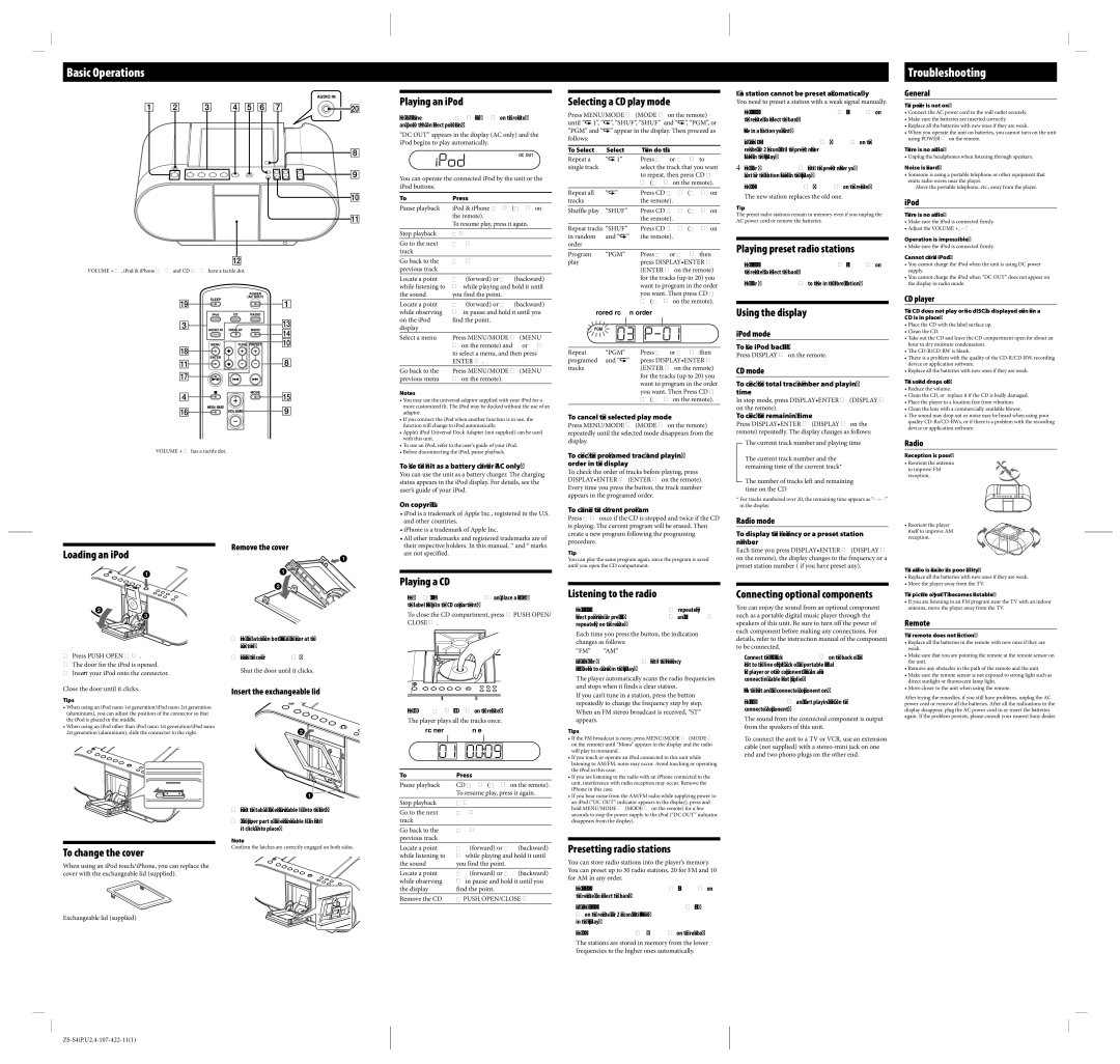 Sony ZS-S4IP Remove the cover, IPod mode, CD mode, Radio mode, General, CD player, Remote, Insert the exchangeable lid 
