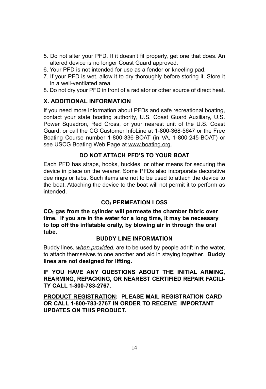 SOSpenders 33MSPT Additional Information, Do not Attach PFD’S to Your Boat, CO2 Permeation Loss, Buddy Line Information 