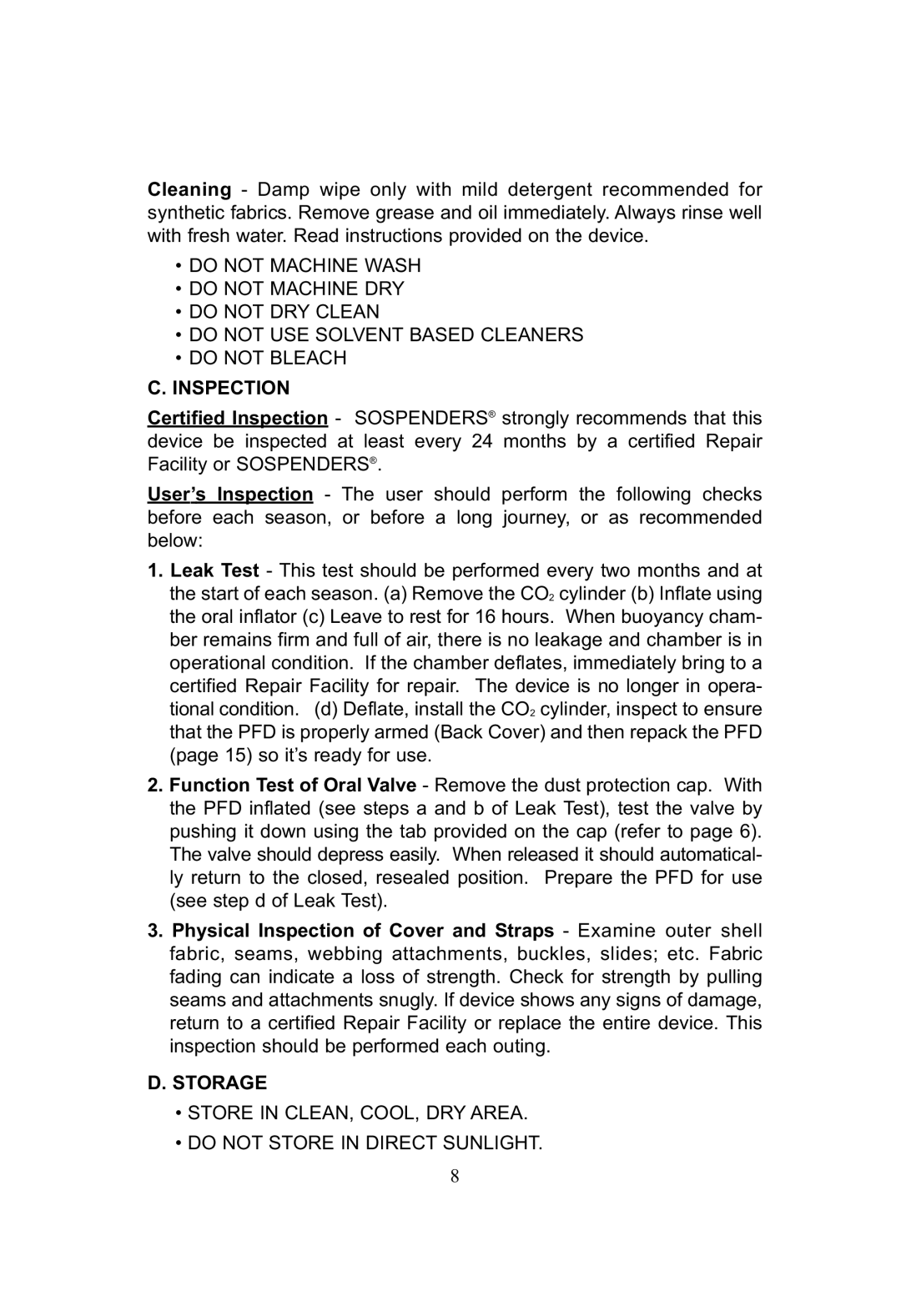 SOSpenders 33MSPT manual Inspection, Storage 