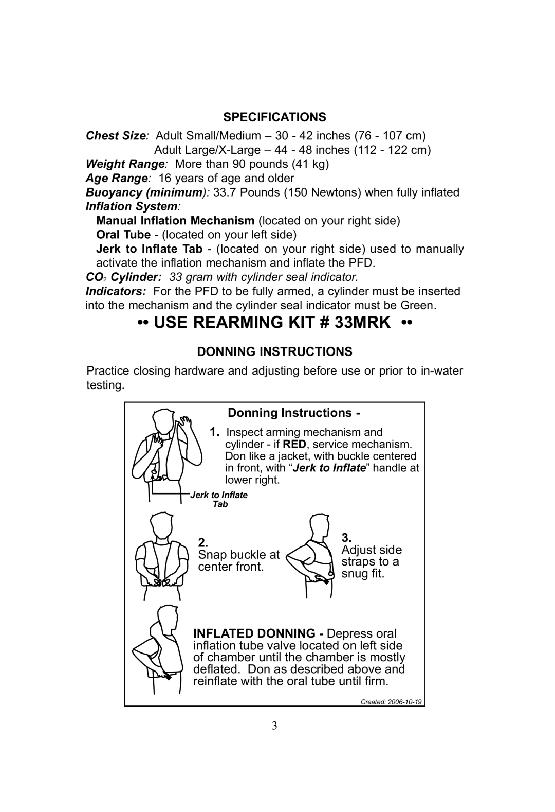 SOSpenders 33MSPT manual USE REARMING KIT # 33MRK, Specifications, Donning Instructions 