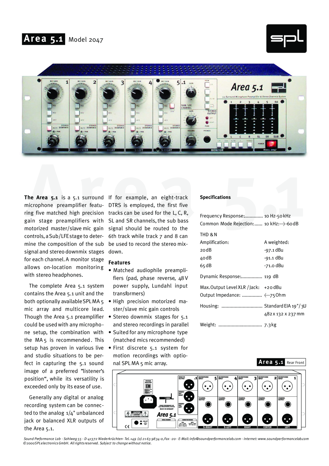 Sound Performance Lab 2047 specifications Area 5.1 Model, Area 5 .1 Rear Front, Features 