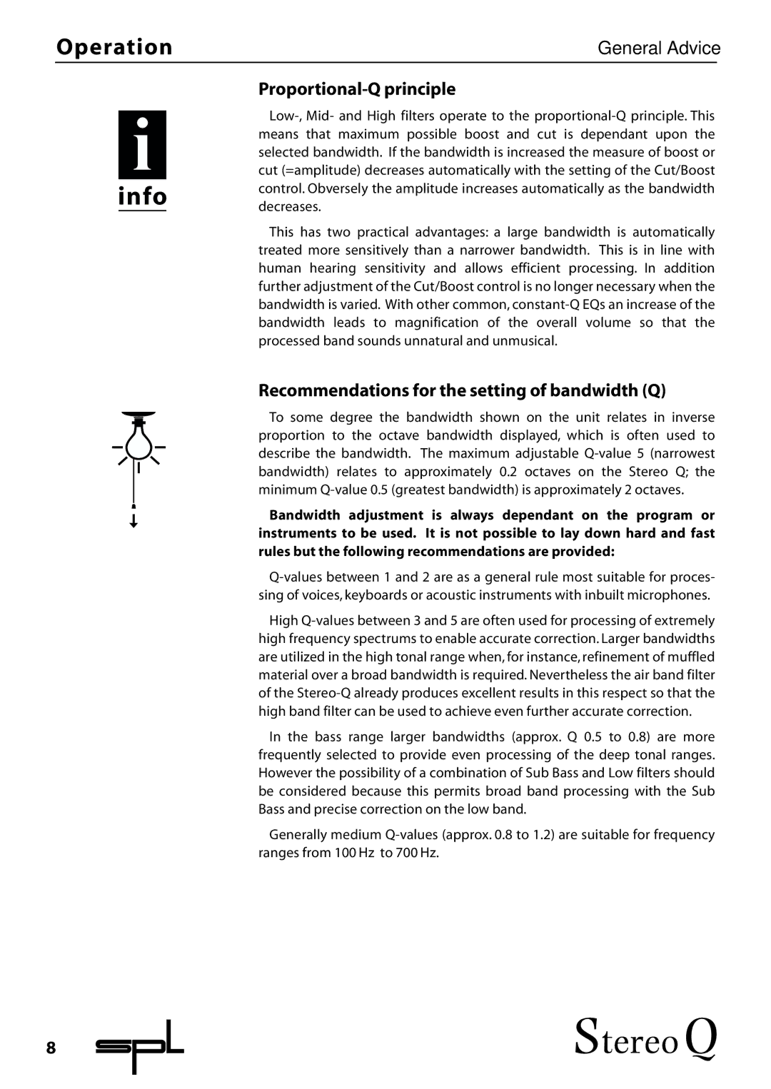 Sound Performance Lab 2048 manual Proportional-Q principle, Recommendations for the setting of bandwidth Q 