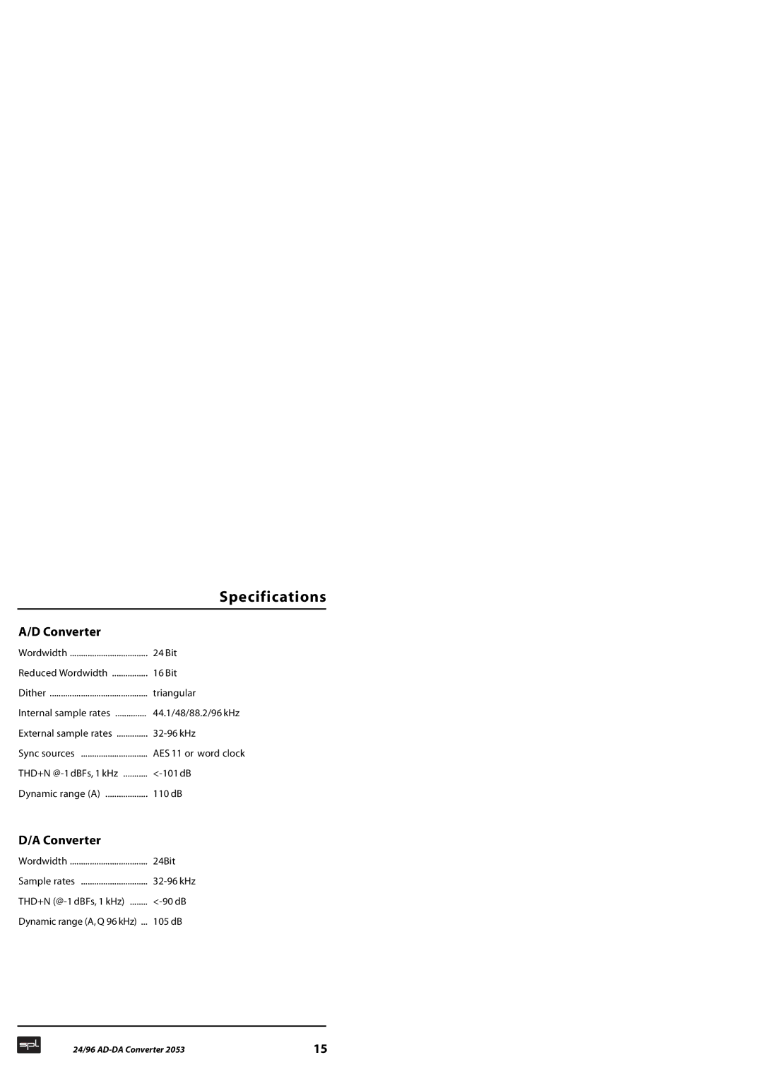 Sound Performance Lab 2053 manual Specifications, Converter 