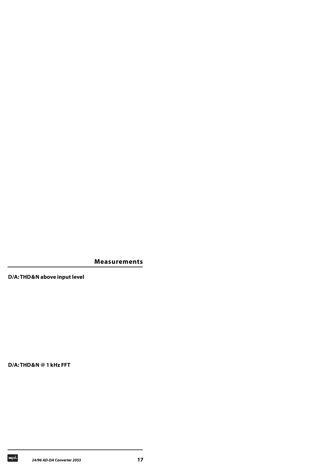 Sound Performance Lab 2053 manual Measurements, THD&N above input level THD&N @ 1 kHz FFT 