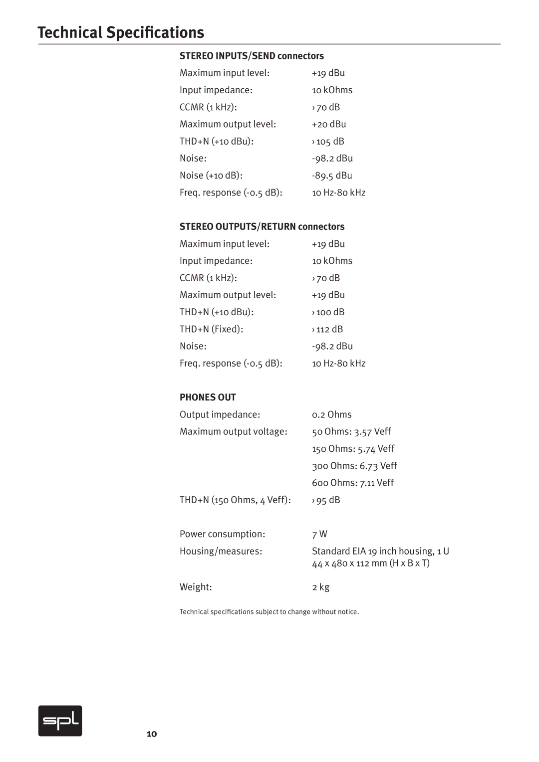 Sound Performance Lab 2269 Technical Speciﬁcations, Stereo INPUTS/SEND connectors, Stereo OUTPUTS/RETURN connectors 