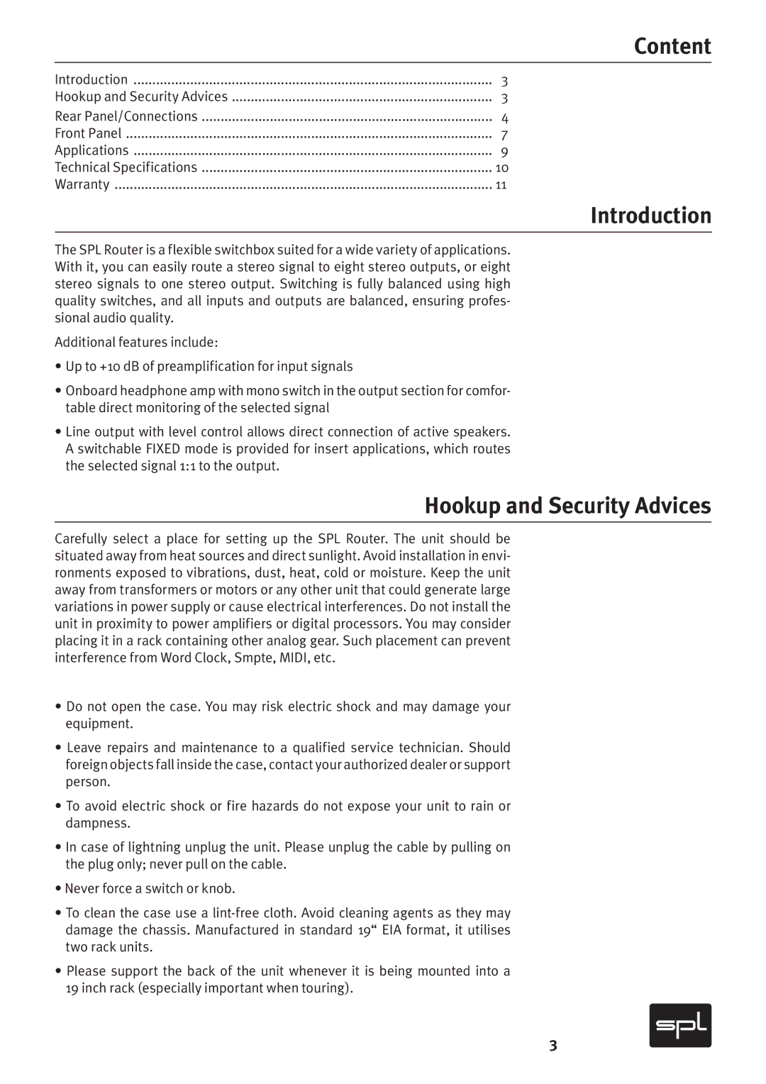 Sound Performance Lab 2269 owner manual Content, Introduction, Hookup and Security Advices 