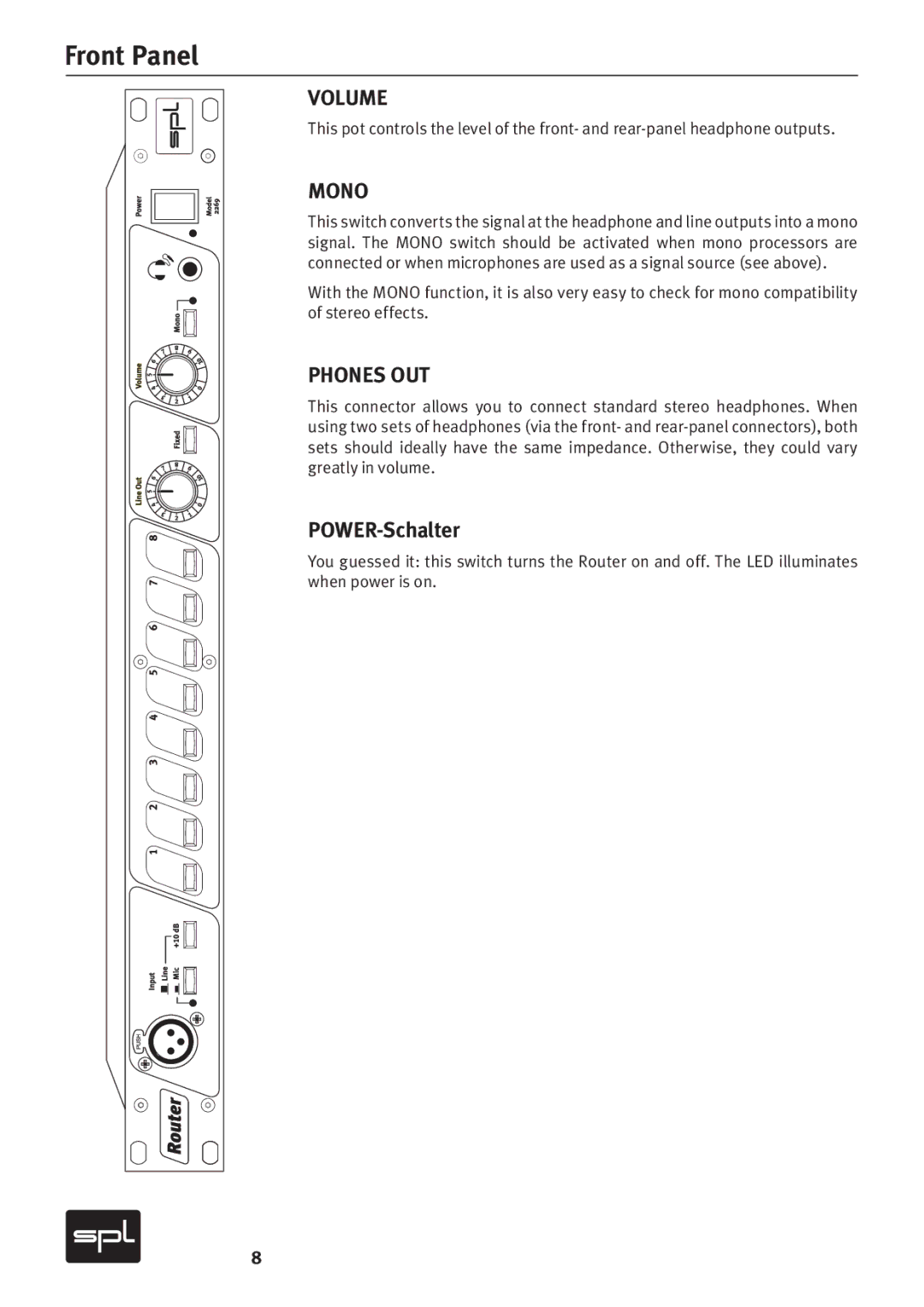 Sound Performance Lab 2269 owner manual Volume, Mono, POWER-Schalter 