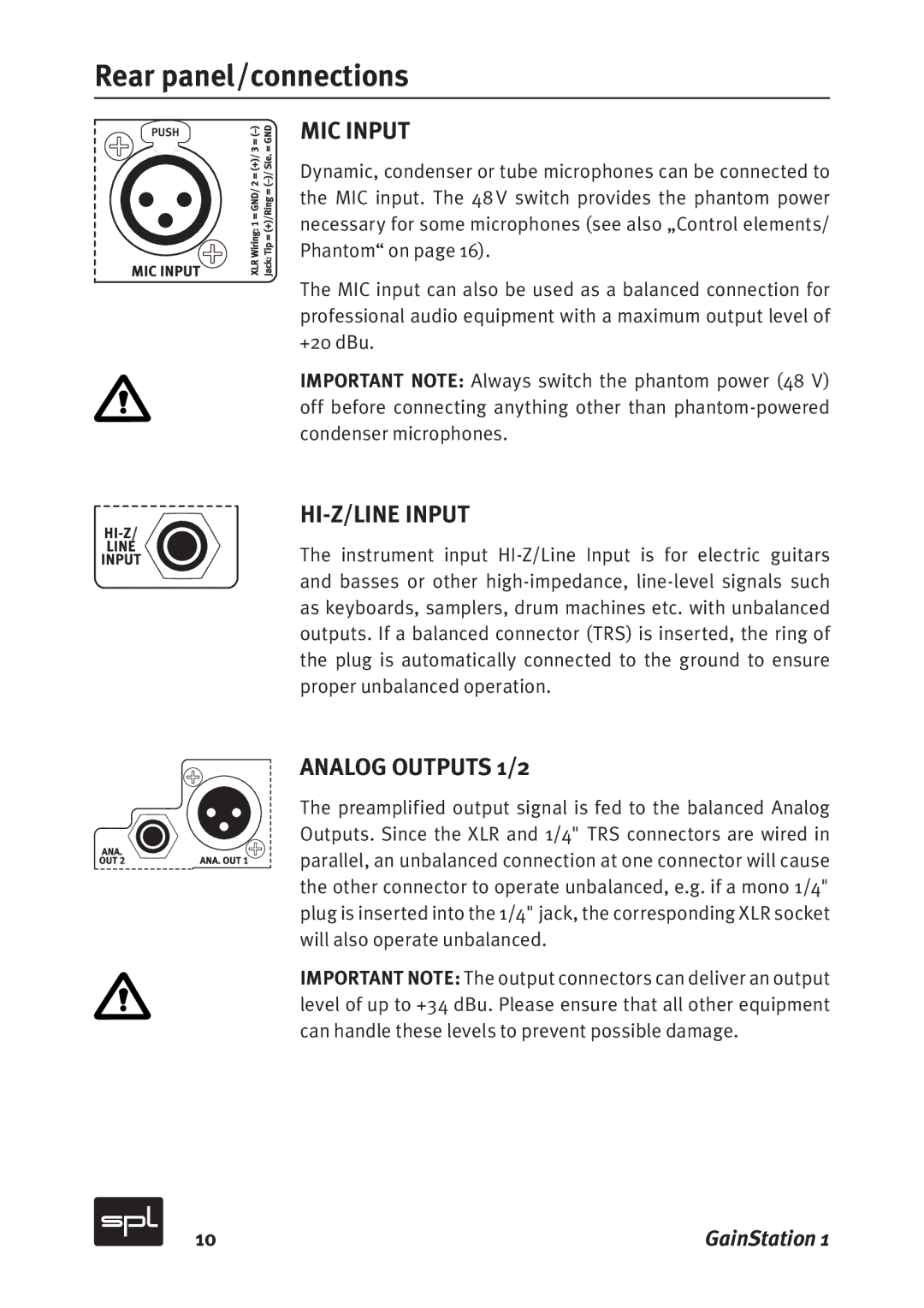 Sound Performance Lab 2273, 2272 manual Rear panel/connections, MIC Input, HI-Z/LINE Input, Analog Outputs 1/2 