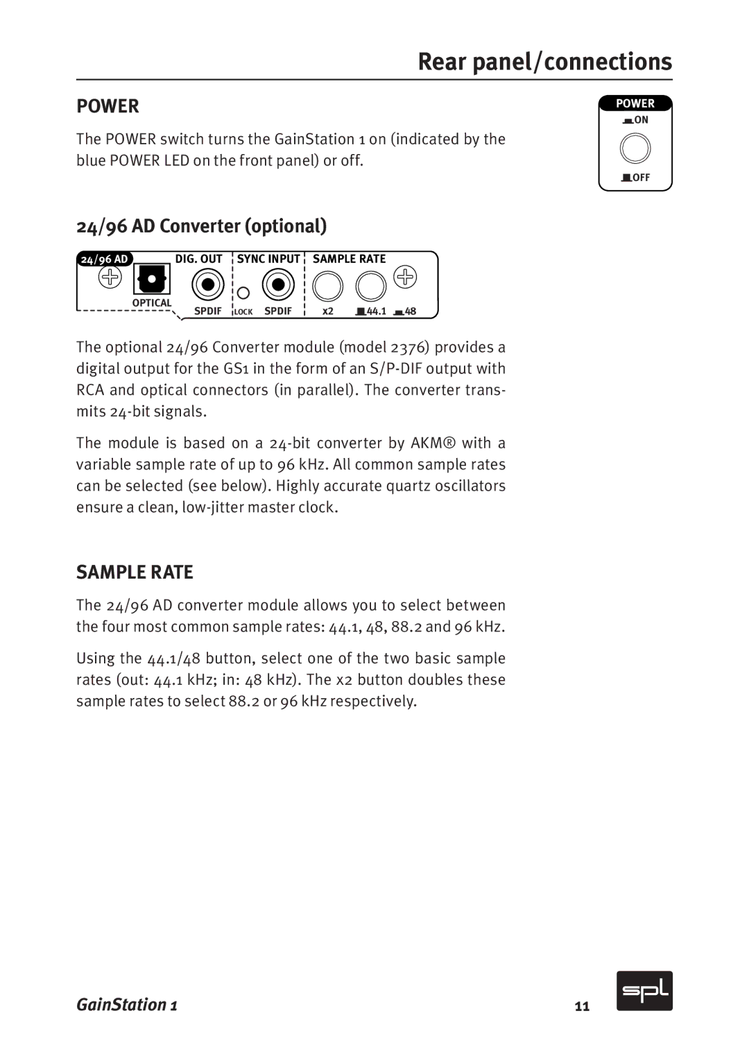 Sound Performance Lab 2272, 2273 manual Power, 24/96 AD Converter optional, Sample Rate 