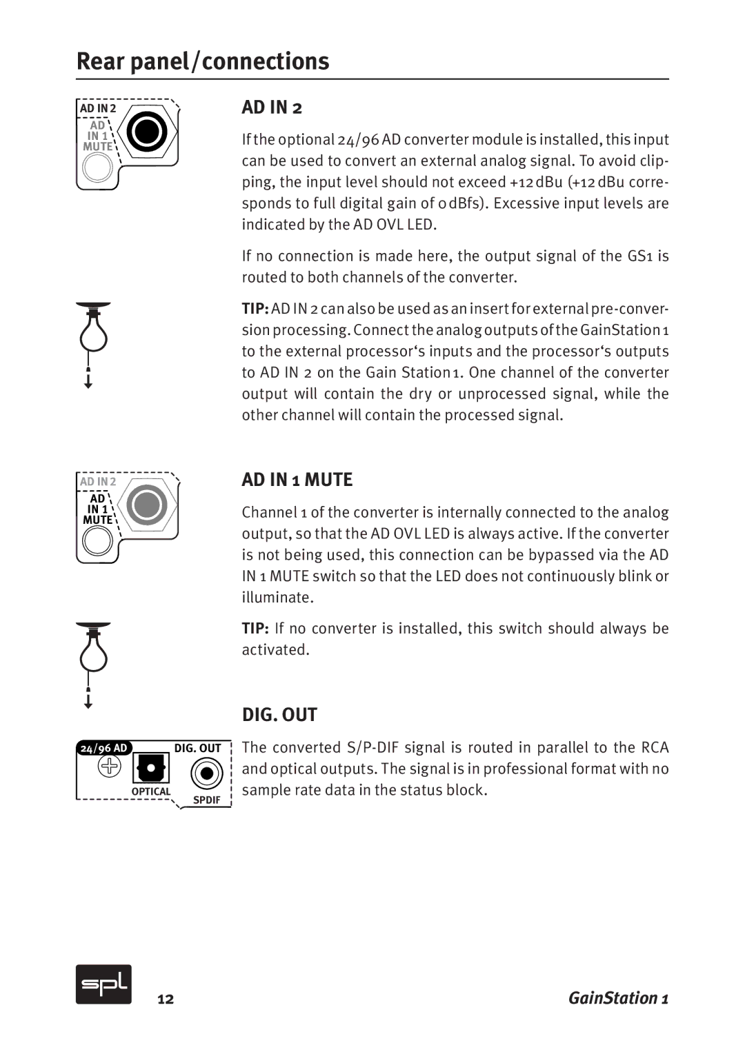 Sound Performance Lab 2273, 2272 manual AD in 1 Mute, Dig. Out 