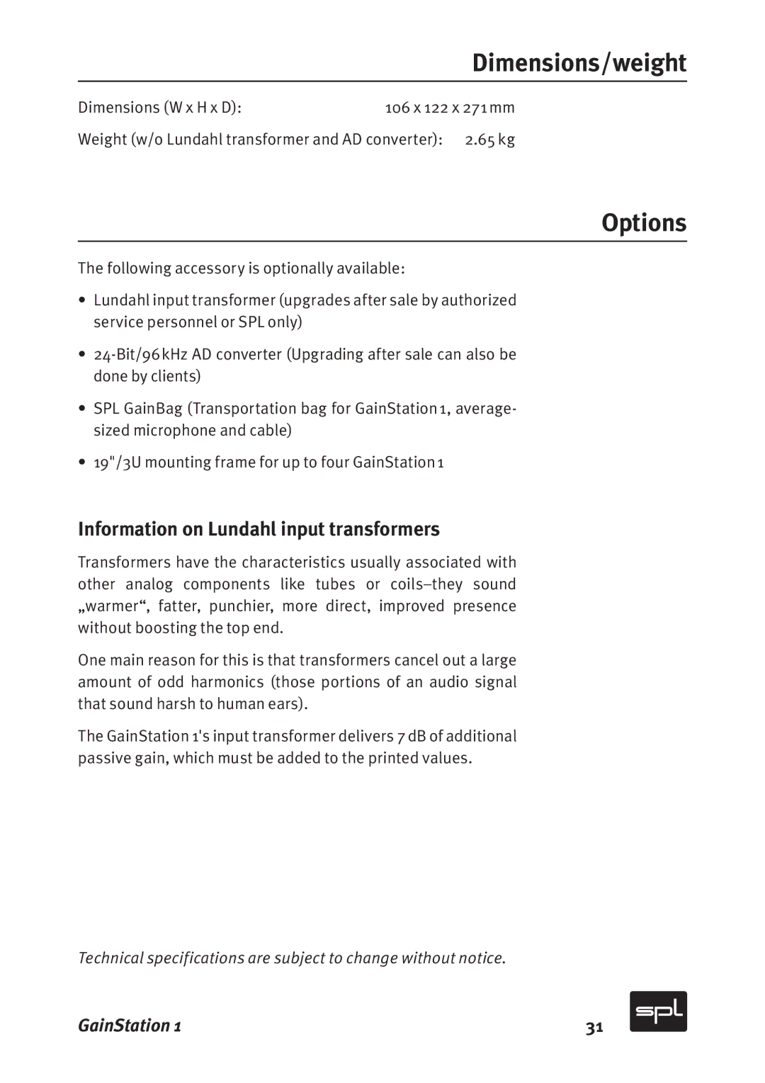 Sound Performance Lab 2272, 2273 manual Dimensions/weight, Options, Information on Lundahl input transformers 