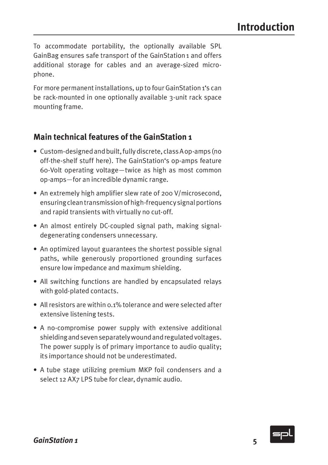 Sound Performance Lab 2272, 2273 manual Main technical features of the GainStation 