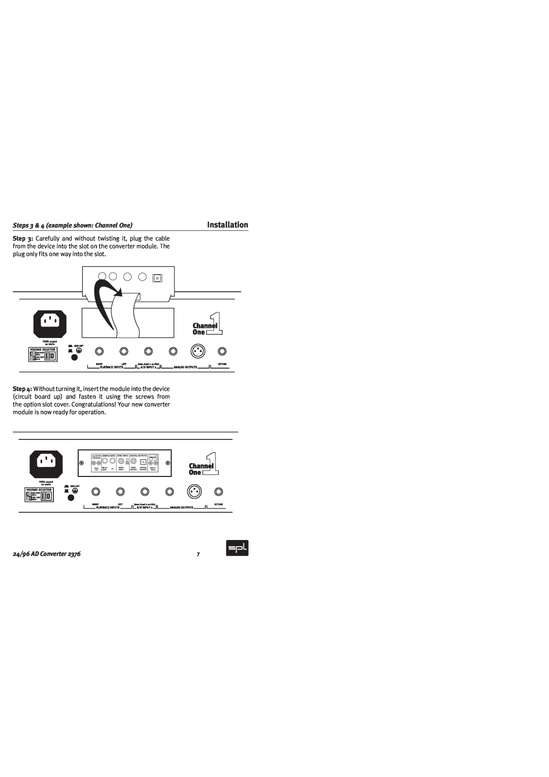 Sound Performance Lab 2376 owner manual Steps 3 & 4 example shown Channel One, Installation, 24/96 AD Converter 