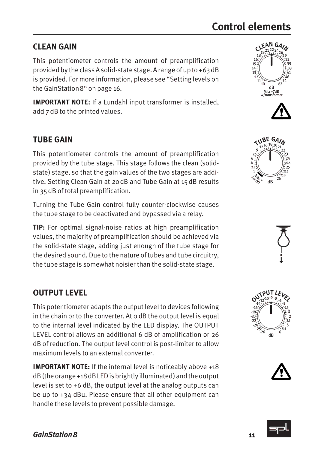 Sound Performance Lab 2383 manual Control elements, Clean Gain, Tube Gain, Output Level 