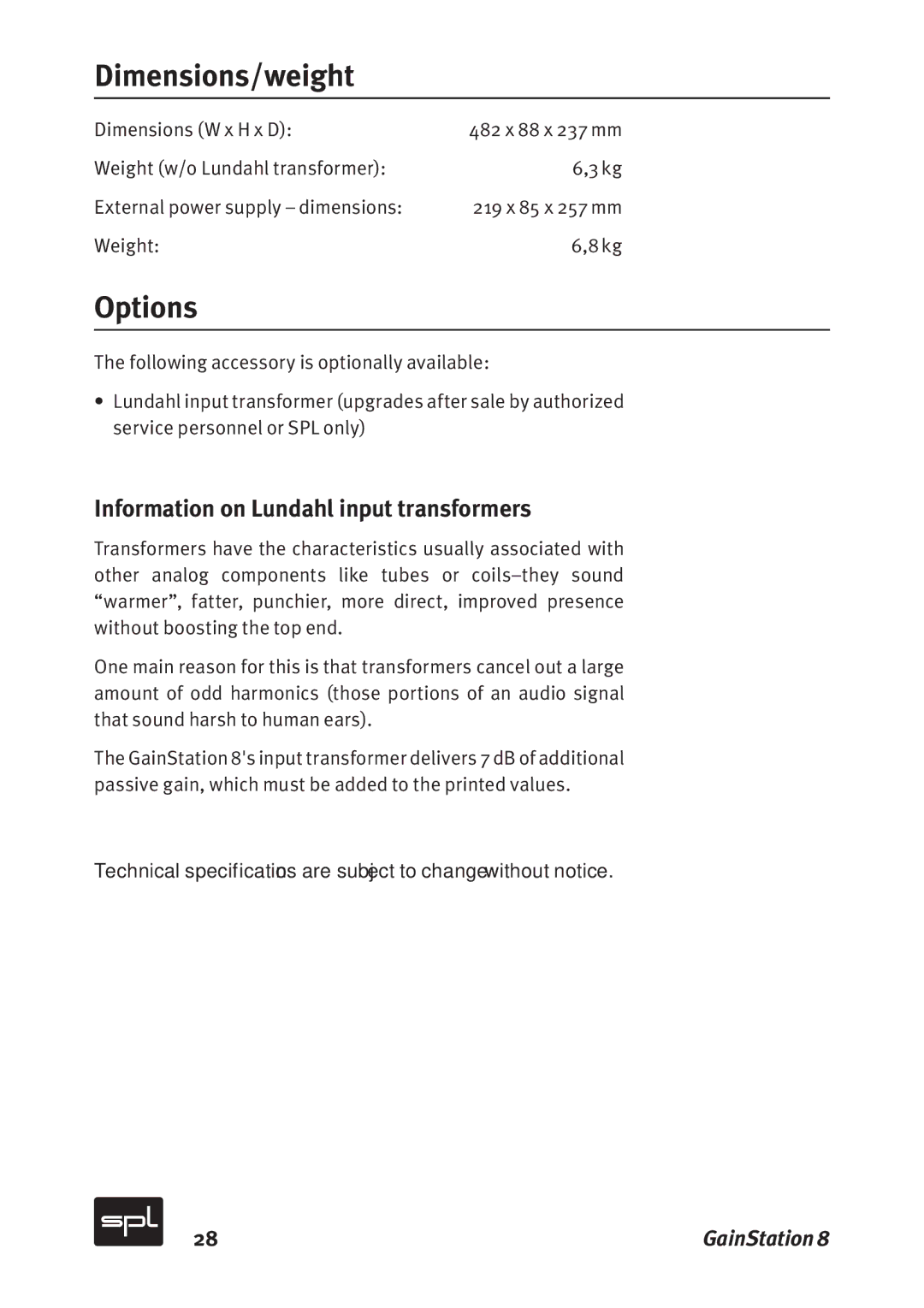 Sound Performance Lab 2383 manual Dimensions/weight, Options, Information on Lundahl input transformers 