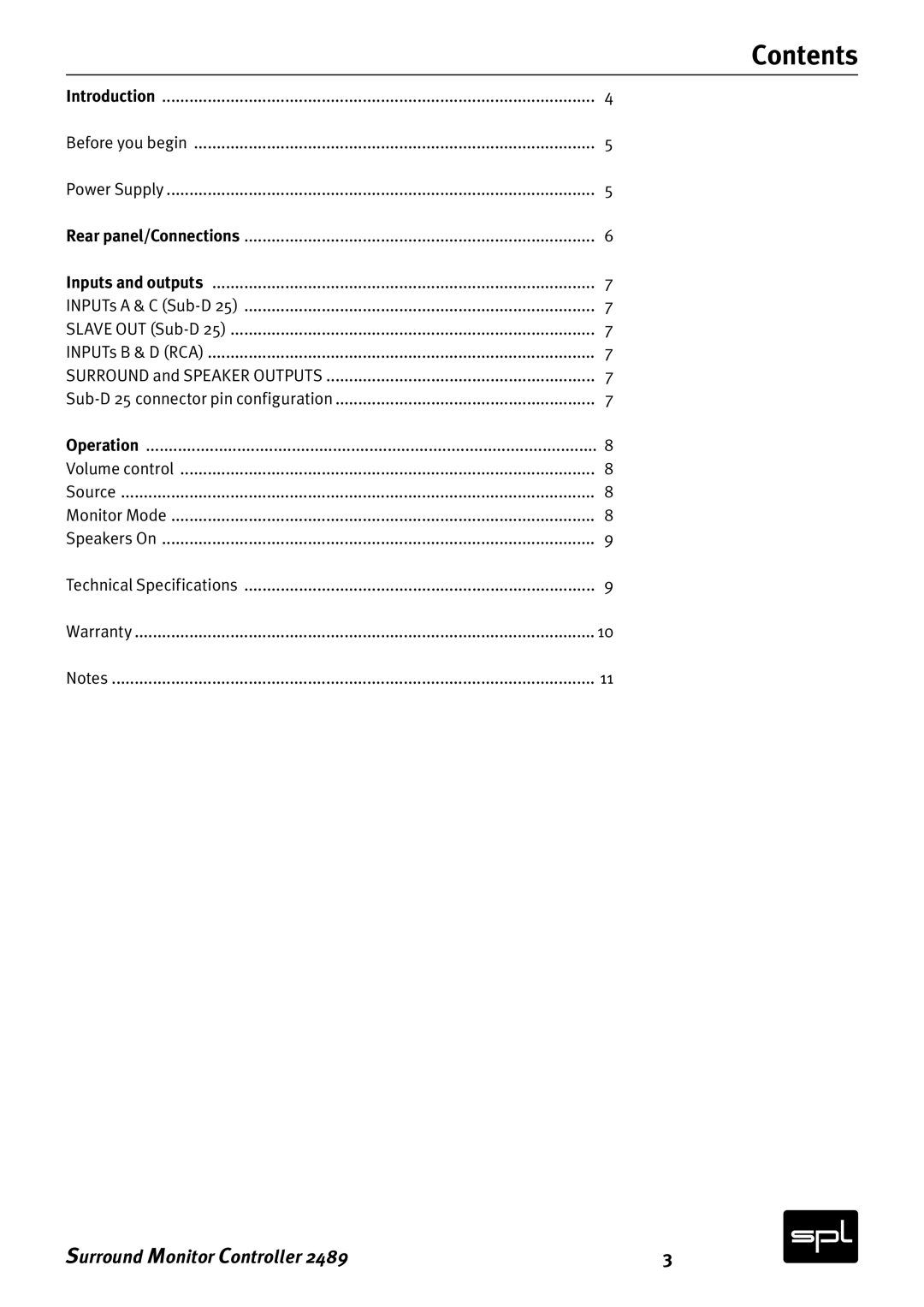 Sound Performance Lab 2489 manual Contents 