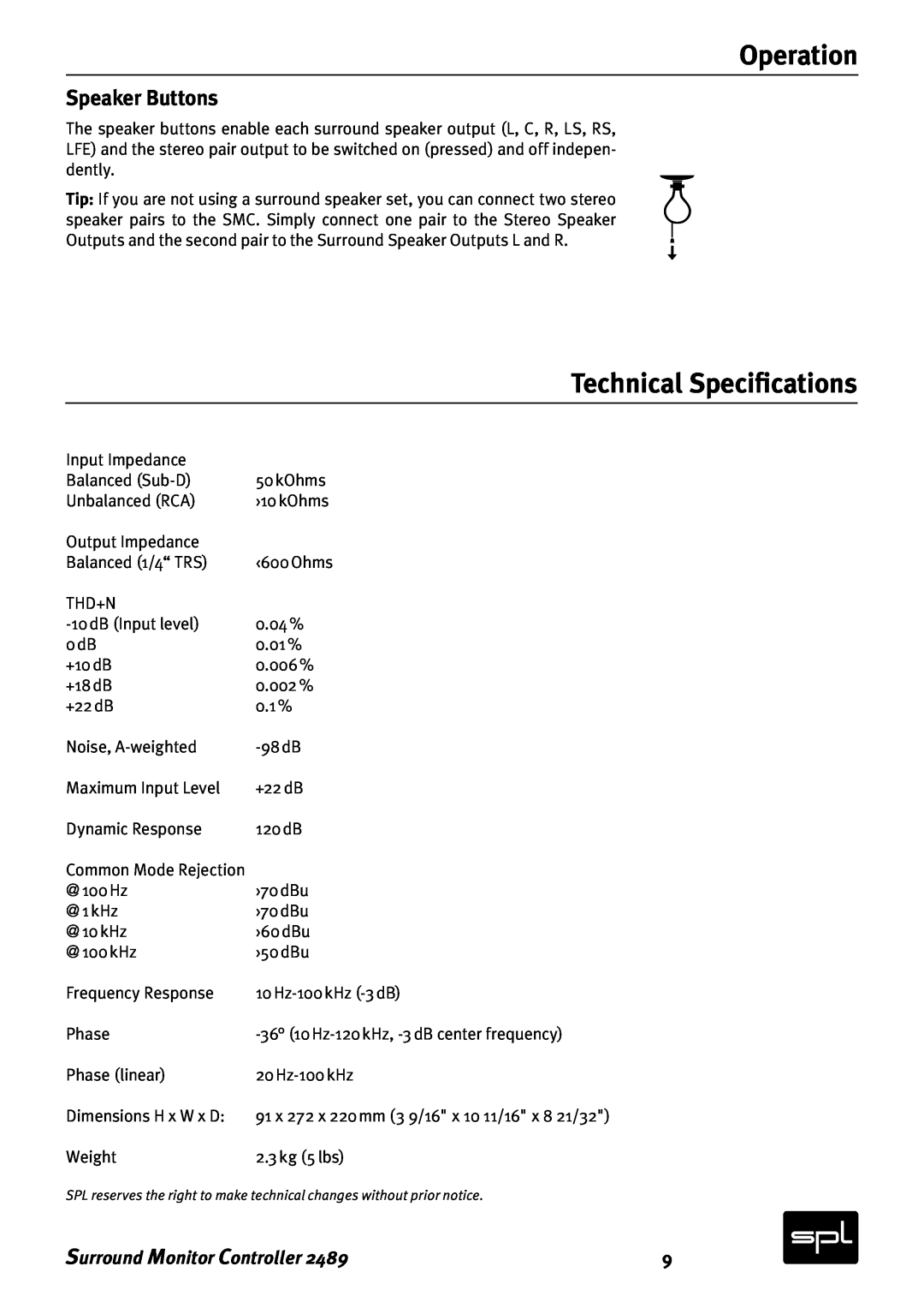 Sound Performance Lab 2489 manual Technical Specifications, Speaker Buttons, Operation, Surround Monitor Controller 