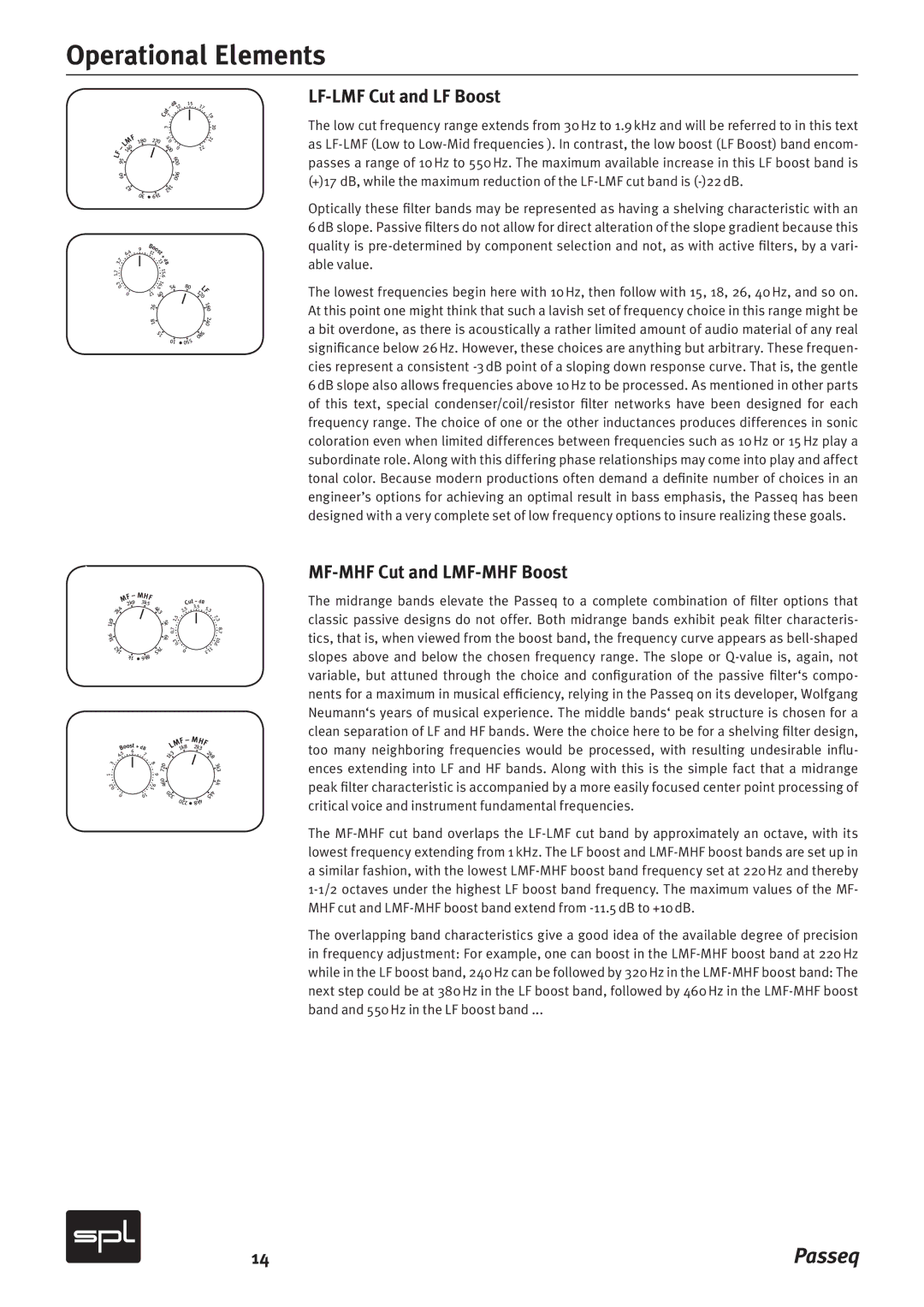 Sound Performance Lab 2595 manual Operational Elements, LF-LMF Cut and LF Boost, MF-MHF Cut and LMF-MHF Boost 