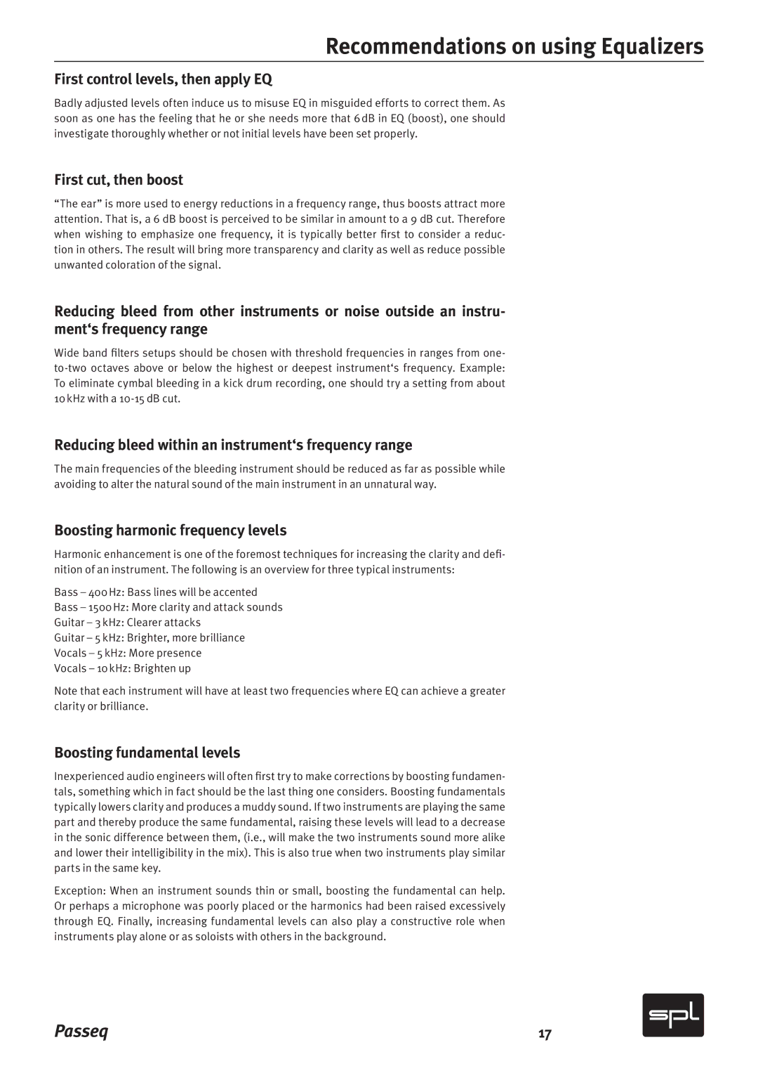 Sound Performance Lab 2595 First control levels, then apply EQ, First cut, then boost, Boosting harmonic frequency levels 