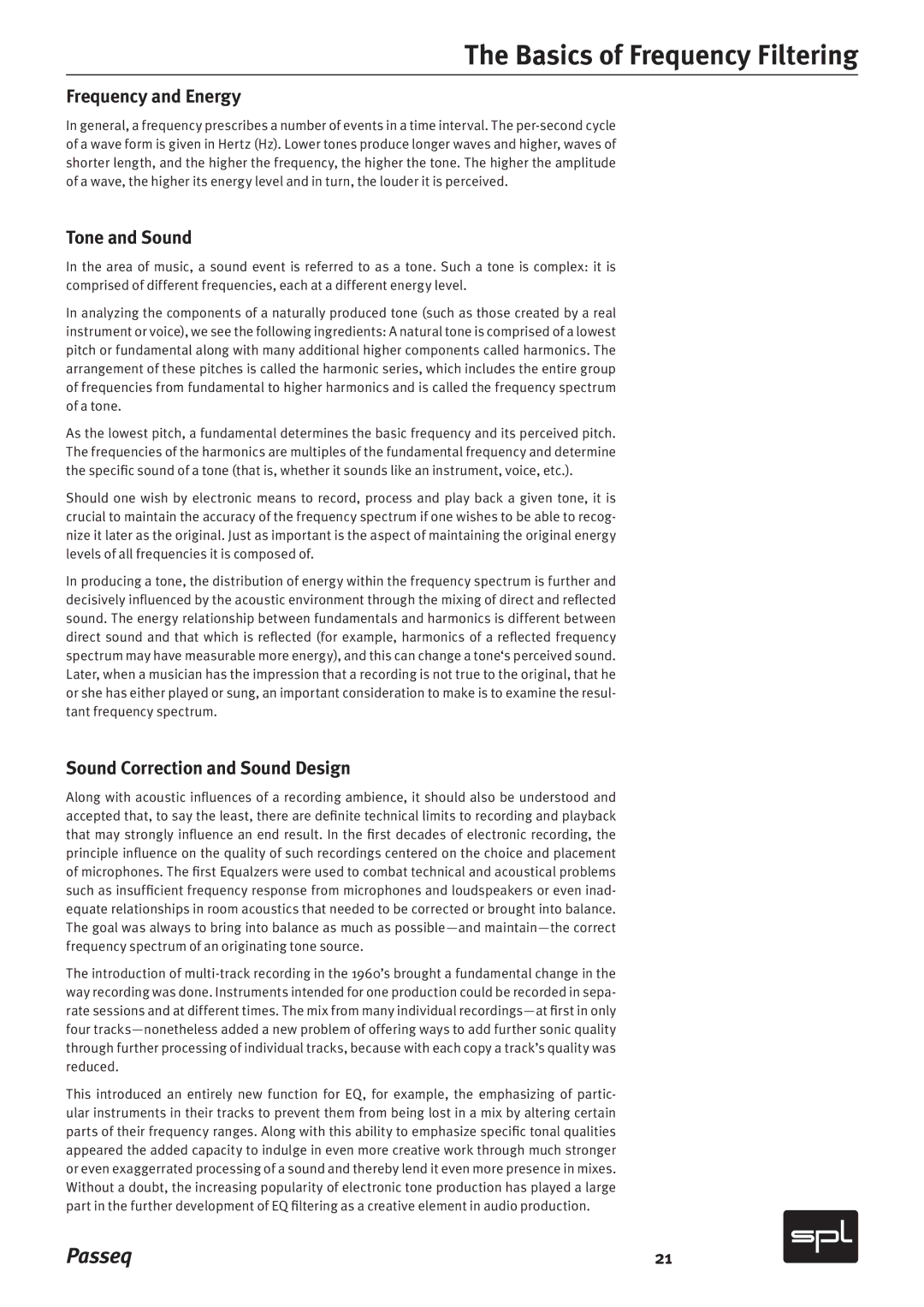 Sound Performance Lab 2595 manual Basics of Frequency Filtering, Frequency and Energy, Tone and Sound 