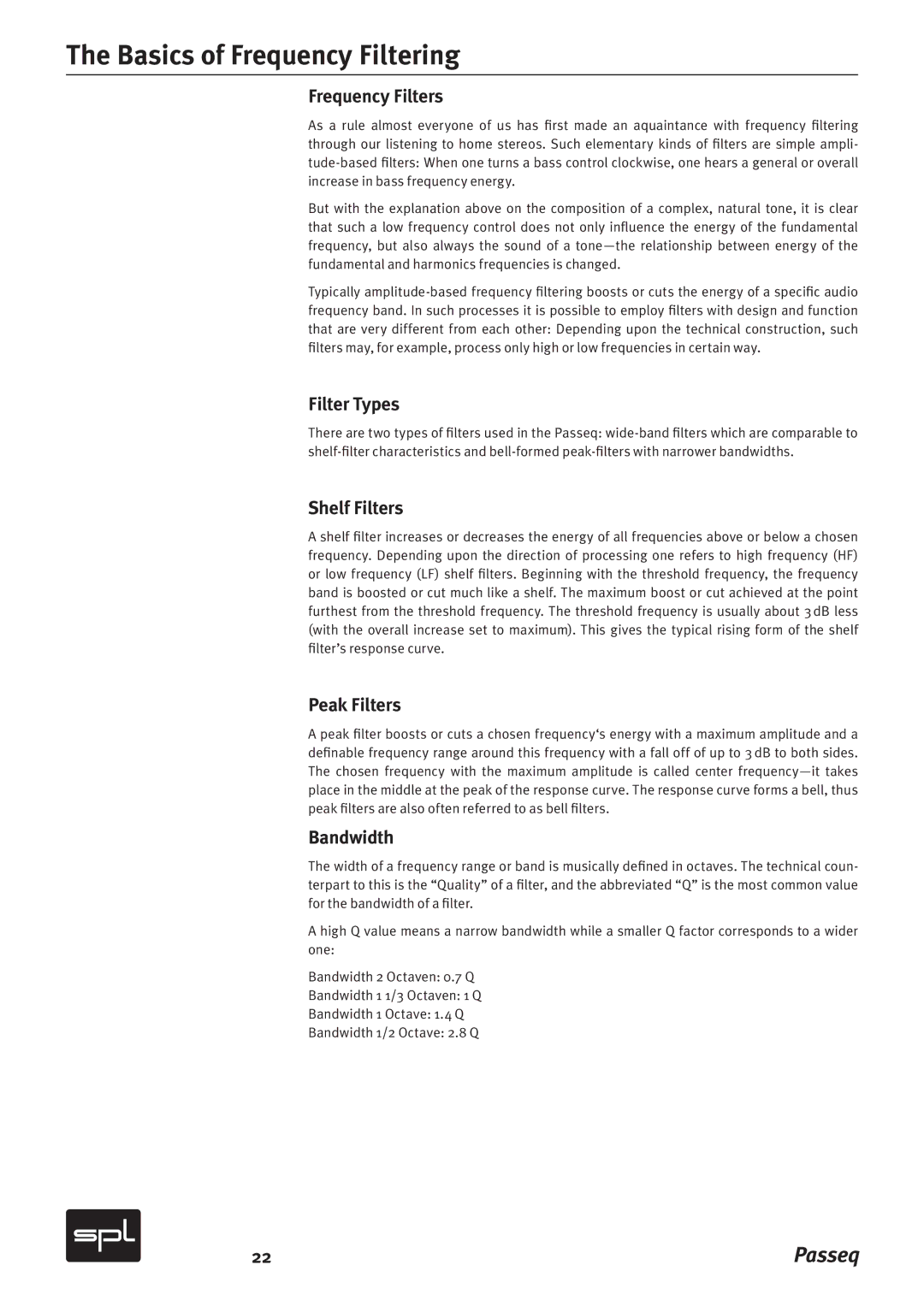 Sound Performance Lab 2595 manual Frequency Filters, Shelf Filters, Peak Filters, Bandwidth 