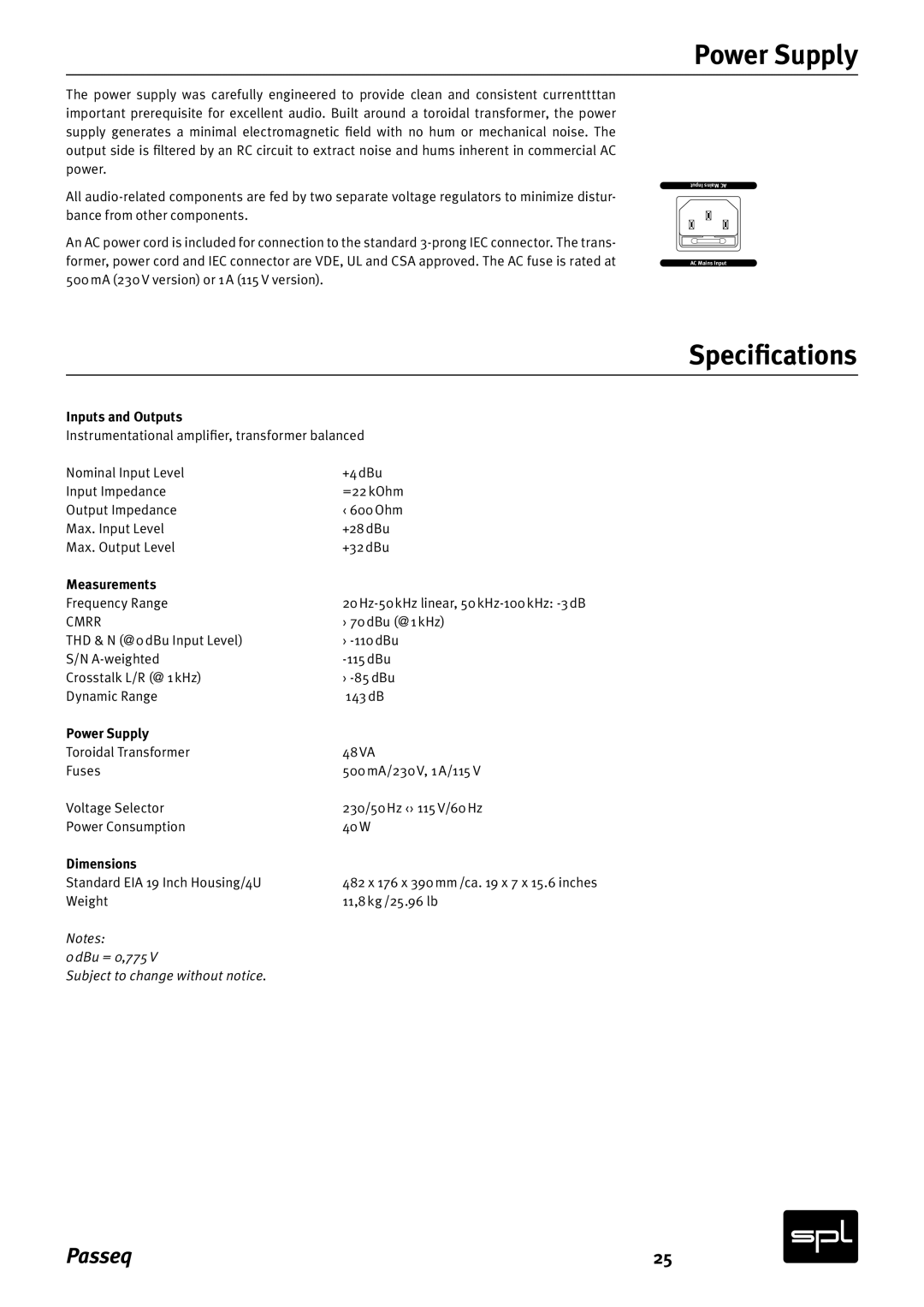 Sound Performance Lab 2595 manual Power Supply, Specifications 