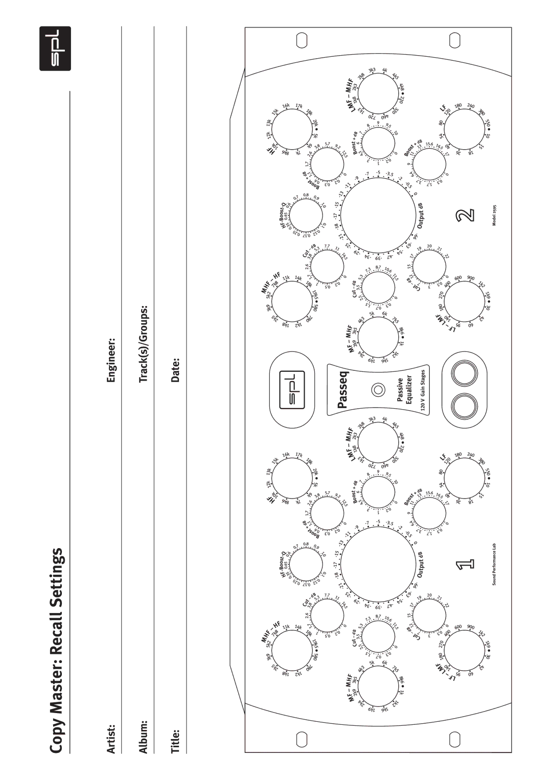 Sound Performance Lab 2595 manual Copy Master Recall Settings, Engineer Artist Tracks/Groups Album Date Title 