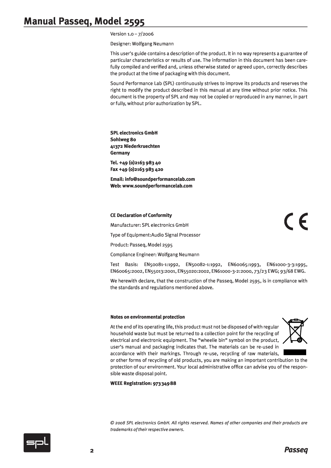 Sound Performance Lab 2595 manual Manual Passeq, Model, SPL electronics GmbH Sohlweg, Tel. +49 02163 983 Fax +49 