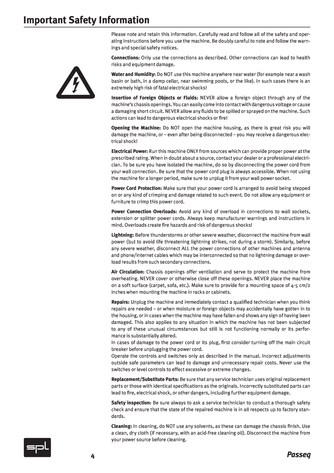 Sound Performance Lab 2595 manual Important Safety Information, Passeq 