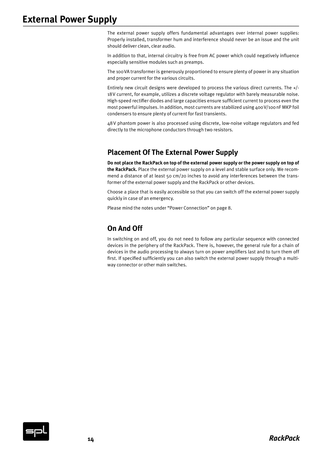 Sound Performance Lab 2710 manual Placement Of The External Power Supply 