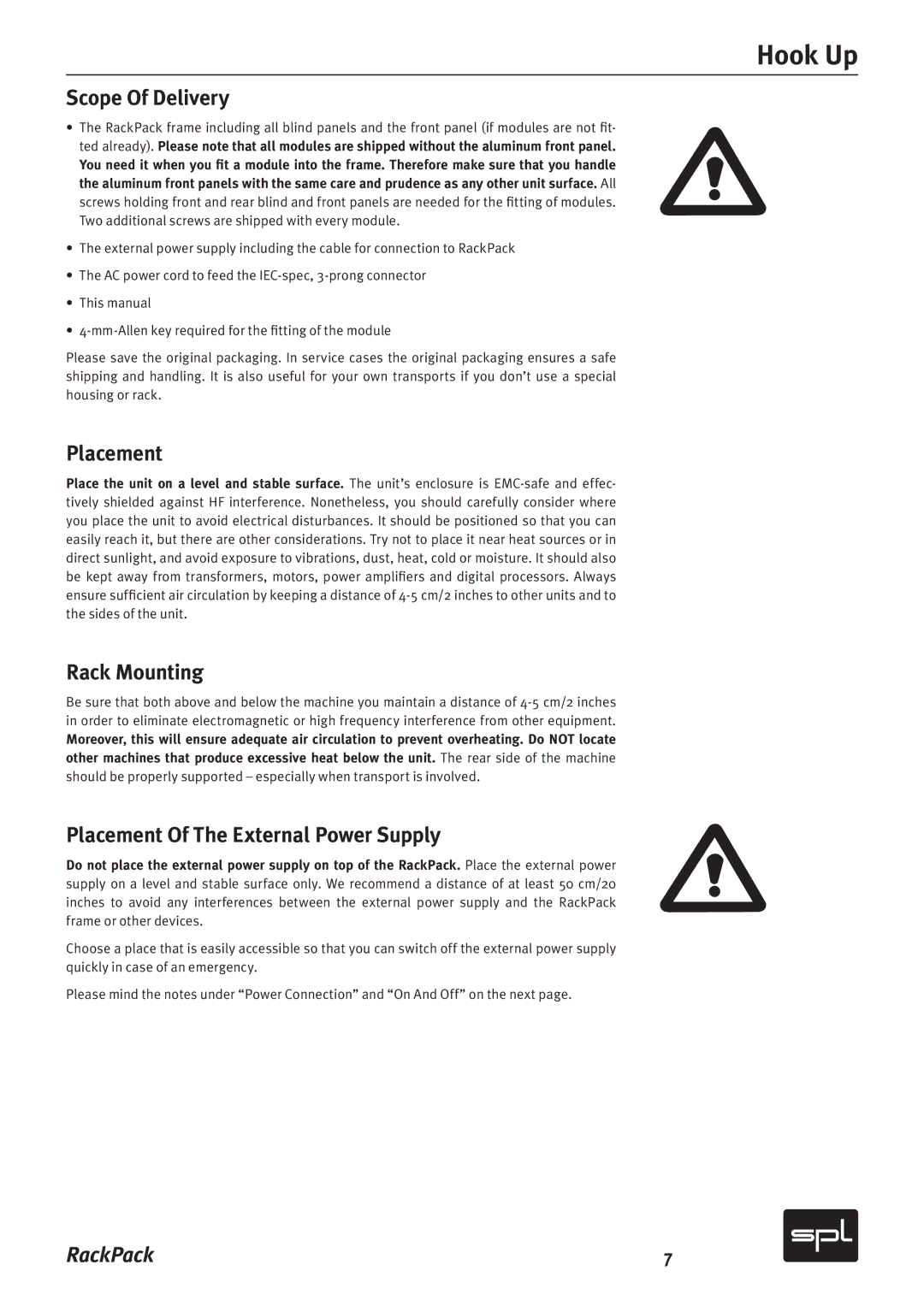 Sound Performance Lab 2710 manual Hook Up, Scope Of Delivery, Rack Mounting, Placement Of The External Power Supply 