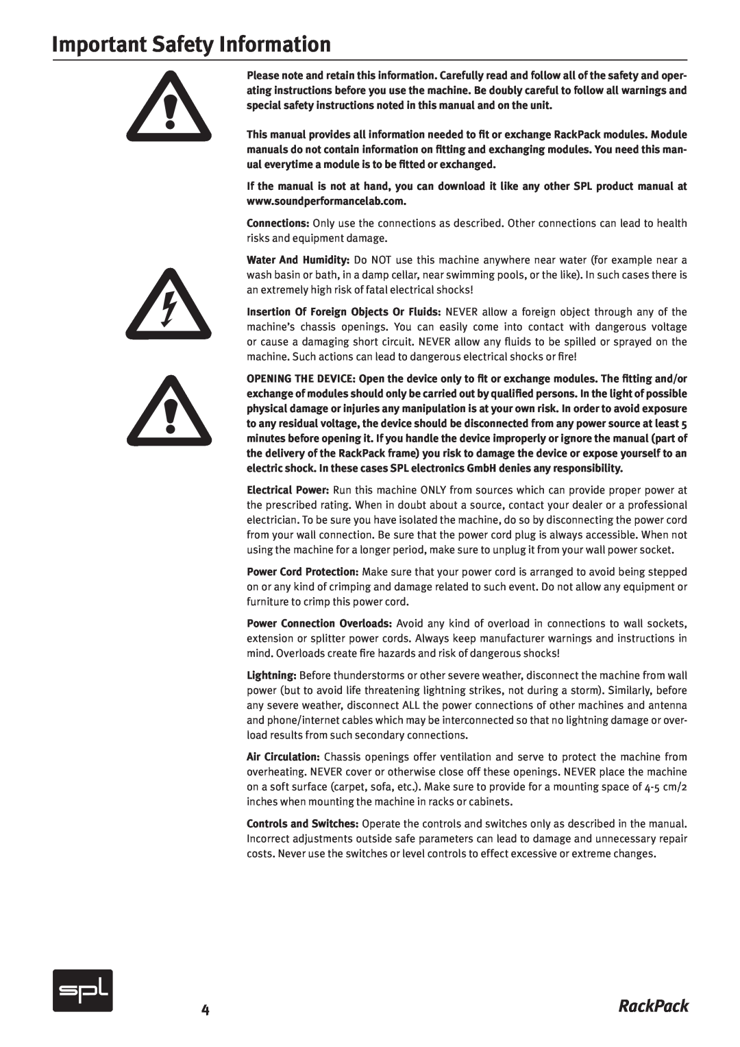 Sound Performance Lab 2710 manual Important Safety Information, RackPack 