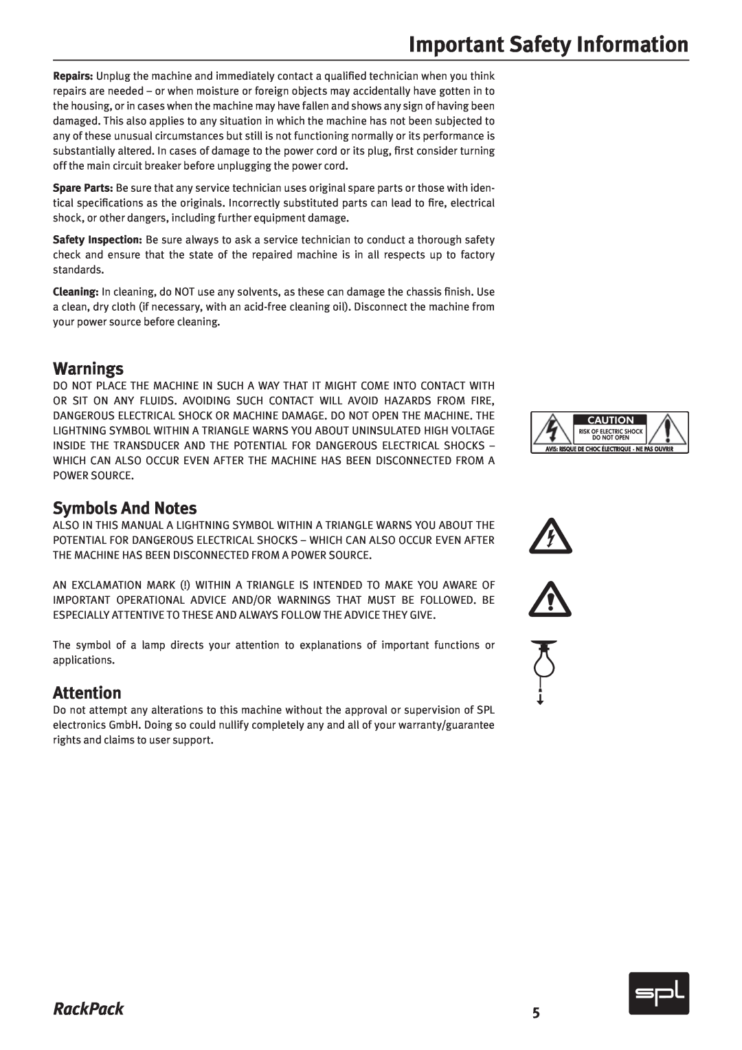 Sound Performance Lab 2710 manual Warnings, Symbols And Notes, Important Safety Information, RackPack 