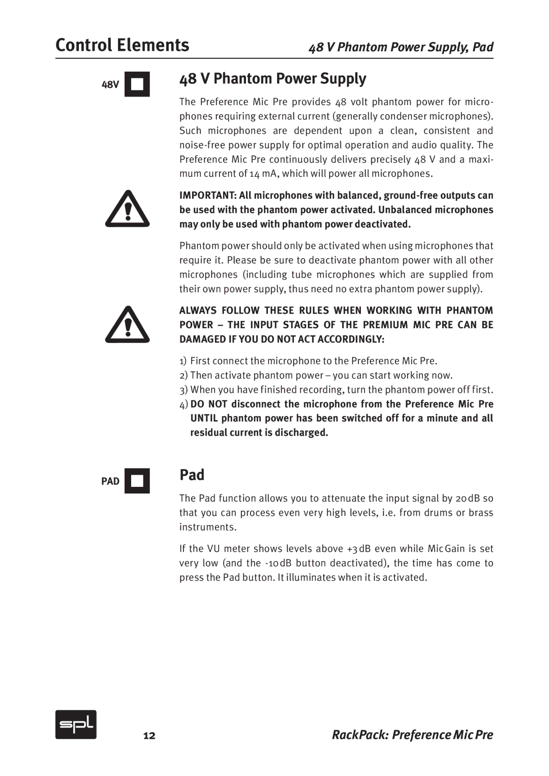 Sound Performance Lab 2711 manual Phantom Power Supply, Pad 