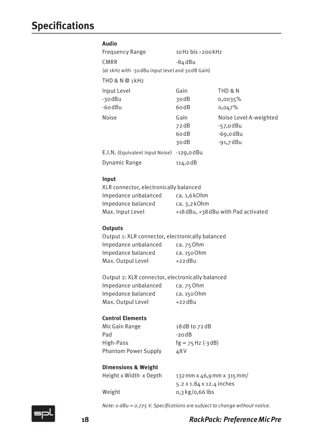 Sound Performance Lab 2711 manual Specifications, Audio 