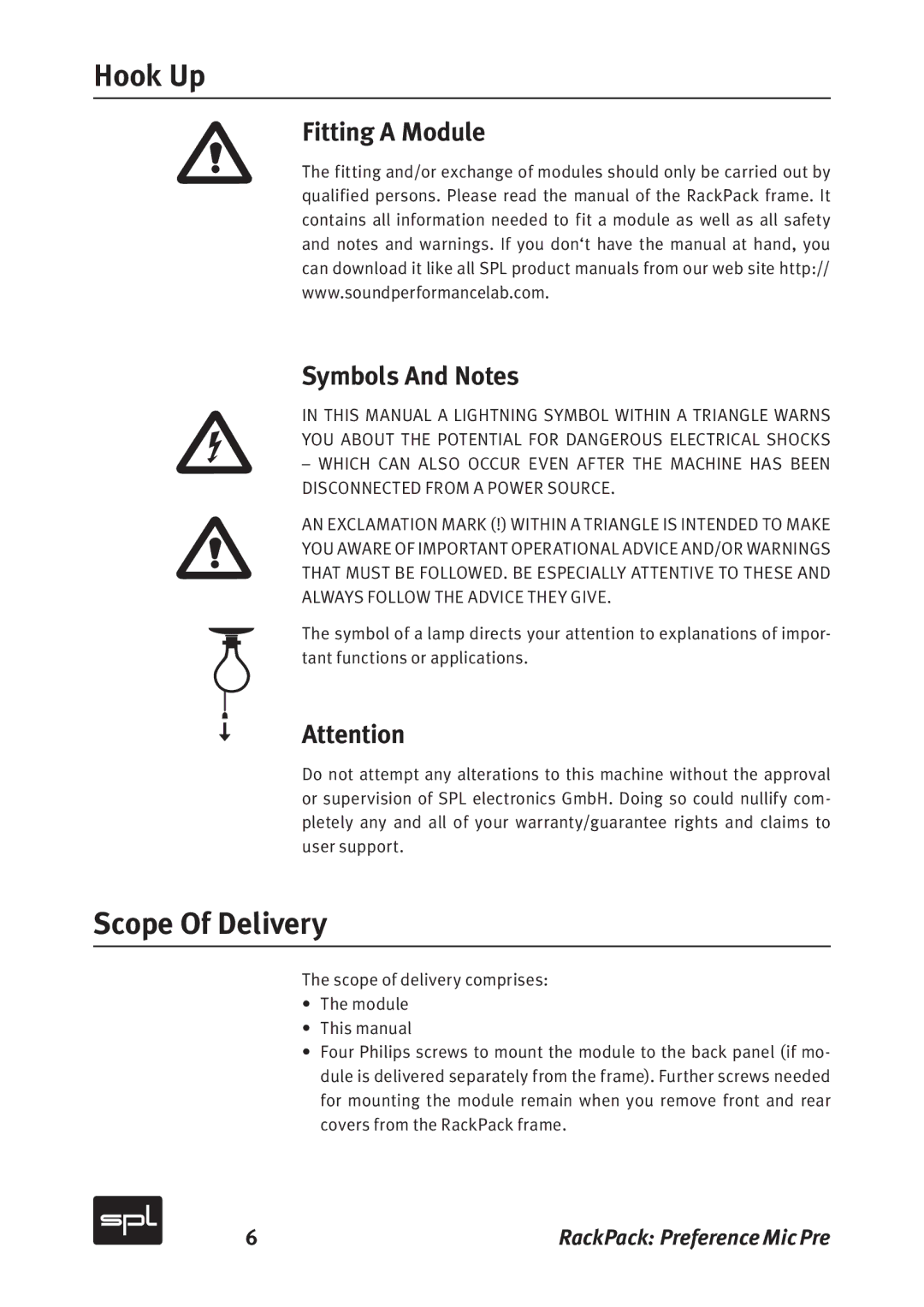 Sound Performance Lab 2711 manual Hook Up, Scope Of Delivery, Fitting a Module Symbols And Notes 