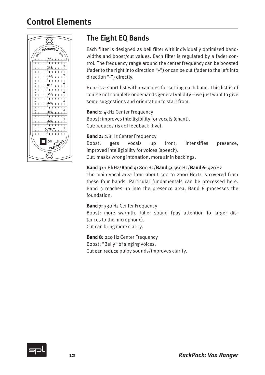 Sound Performance Lab 2718 Control Elements, Eight EQ Bands, Band 3 1,6 kHz/Band 4 800 Hz/Band 5 560 Hz/Band 6 420 Hz 