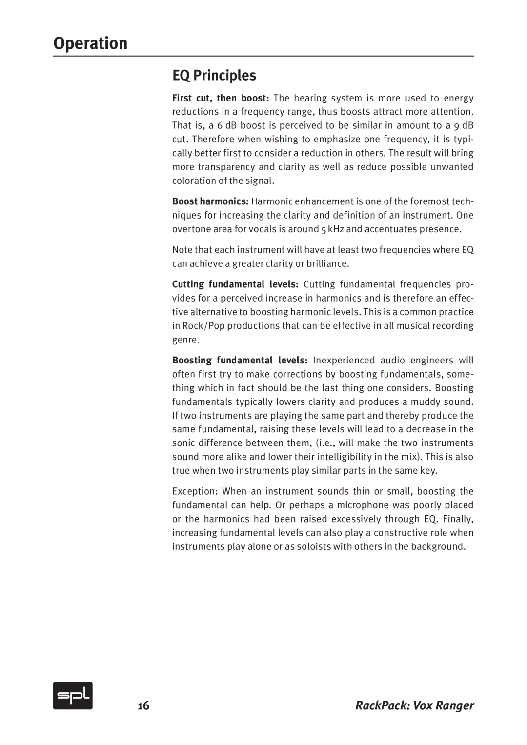 Sound Performance Lab 2718 manual Operation, EQ Principles 