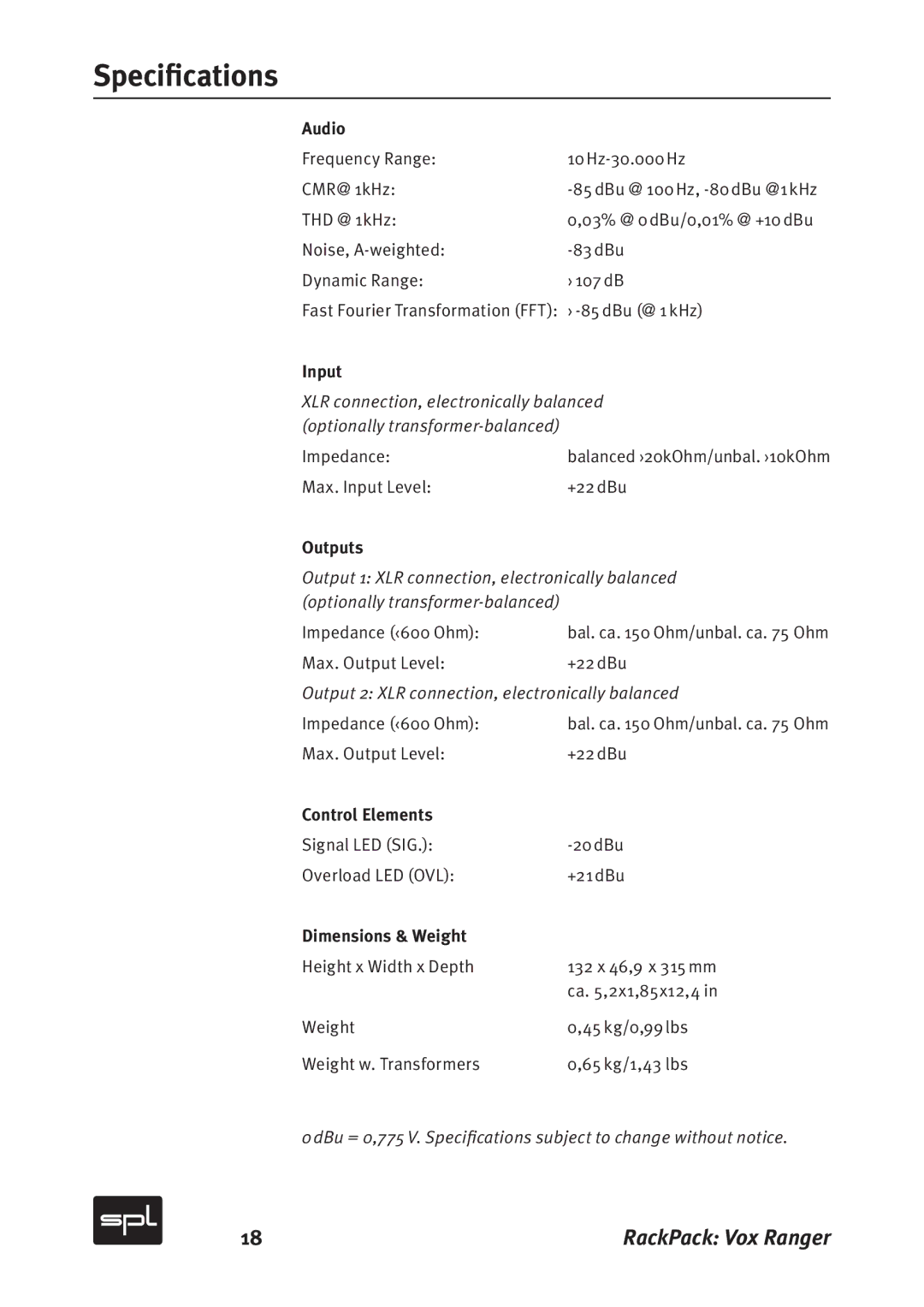 Sound Performance Lab 2718 manual Specifications 