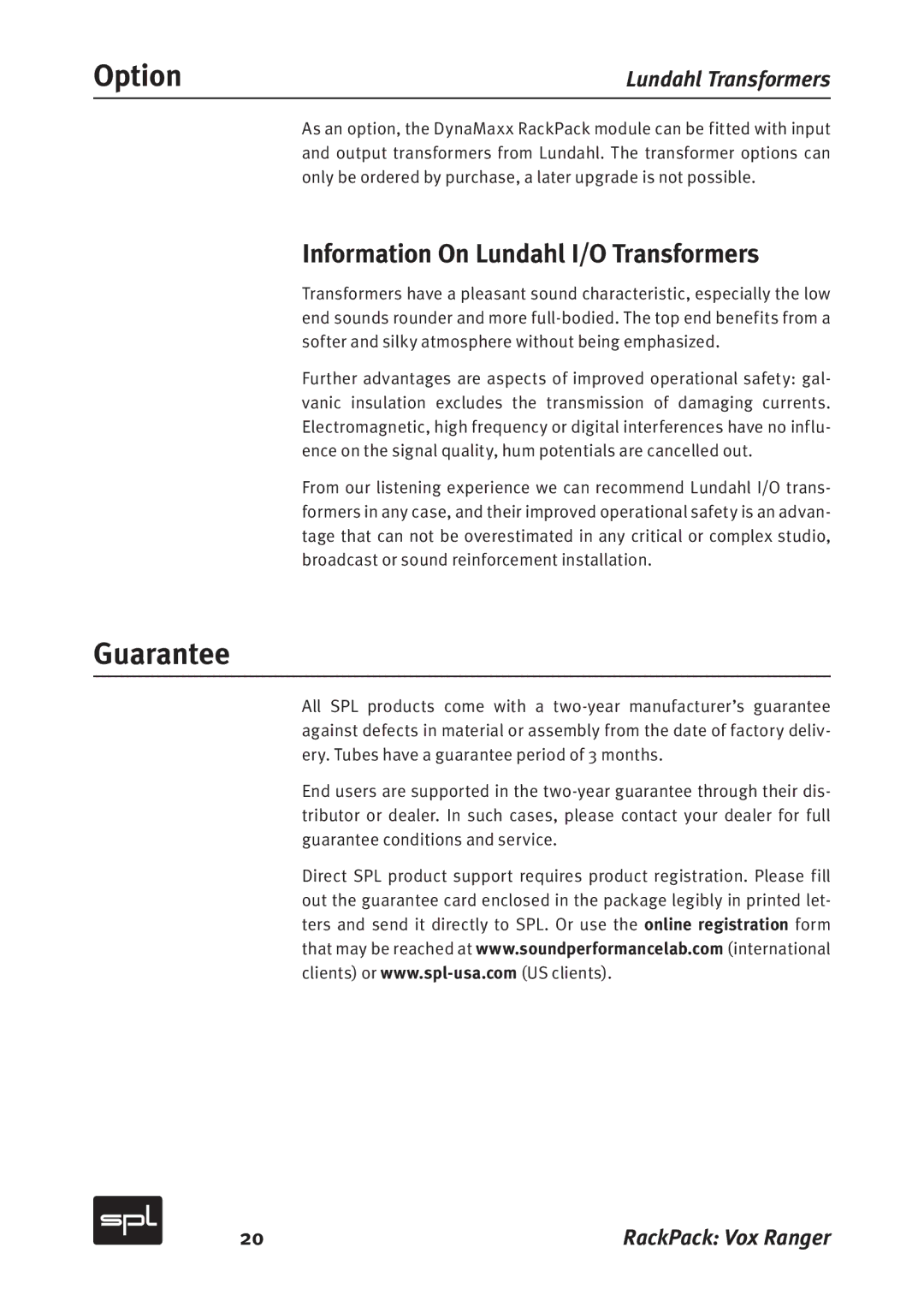 Sound Performance Lab 2718 manual Option, Guarantee, Information On Lundahl I/O Transformers 