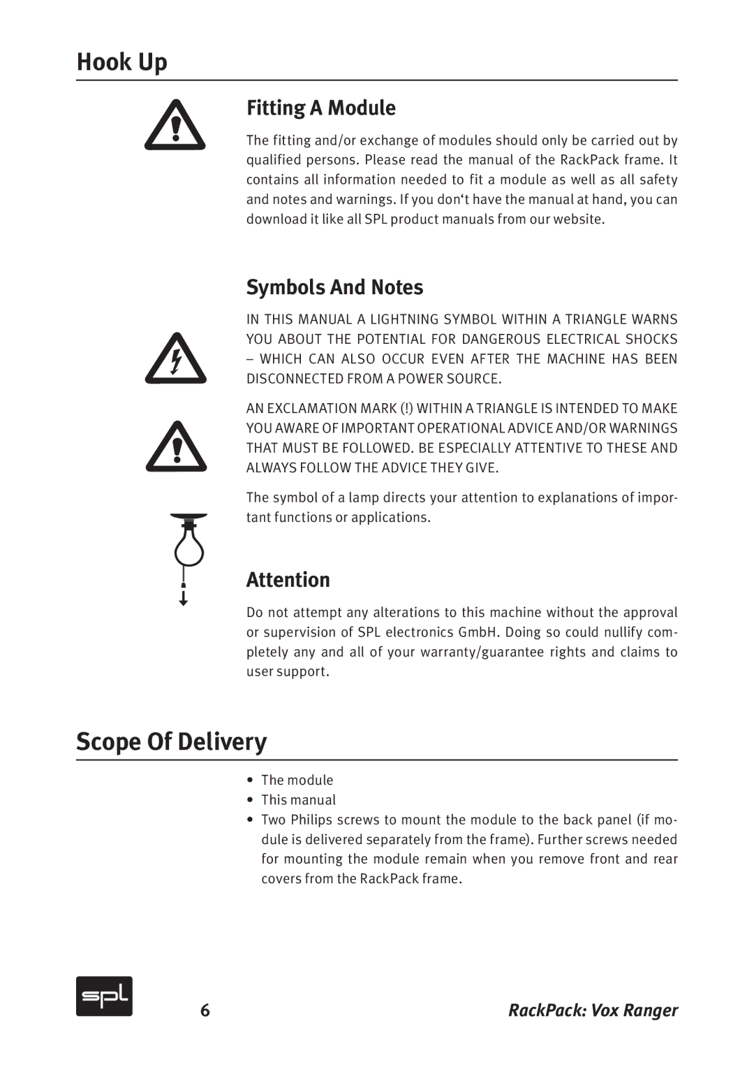 Sound Performance Lab 2718 manual Hook Up, Scope Of Delivery, Fitting a Module, Symbols And Notes 